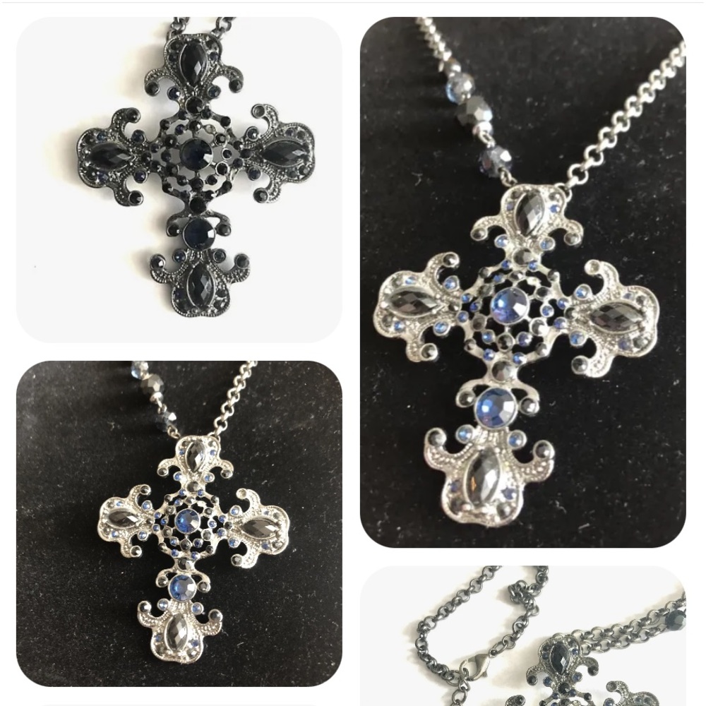 Cross Necklace Jewelry Blue Black Chain 20” Religious Spiritual Fashion